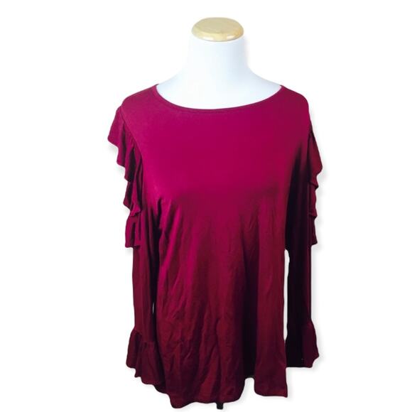 KARL LAGERFELD Burgundy NWT Cold Shoulder Ruffle Blouse Top LARGE Long Sleeve - Picture 1 of 7